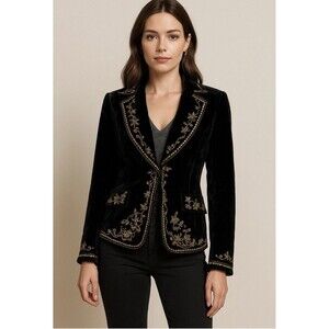 Katherine Barclay Women's Blazer 8 Black Velvet Sequin Jacket Embroidered